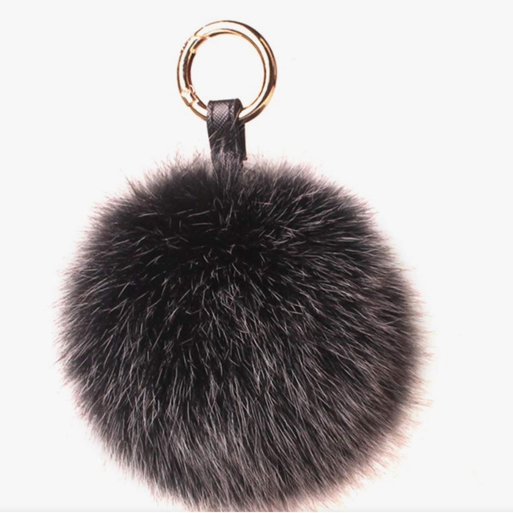 Fuzzy Fur Ball Keychain Soft Pom Pom Bag Handbag Charm Black Like New Condition